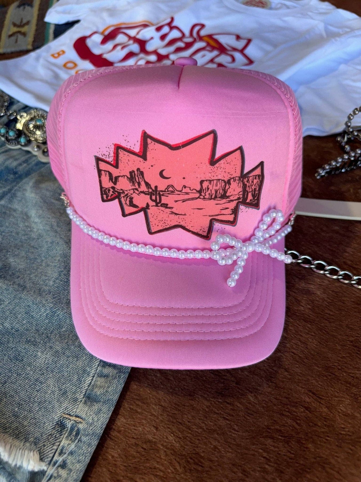 PRE-SALE White Pearl Bow Trucker Hat Chain