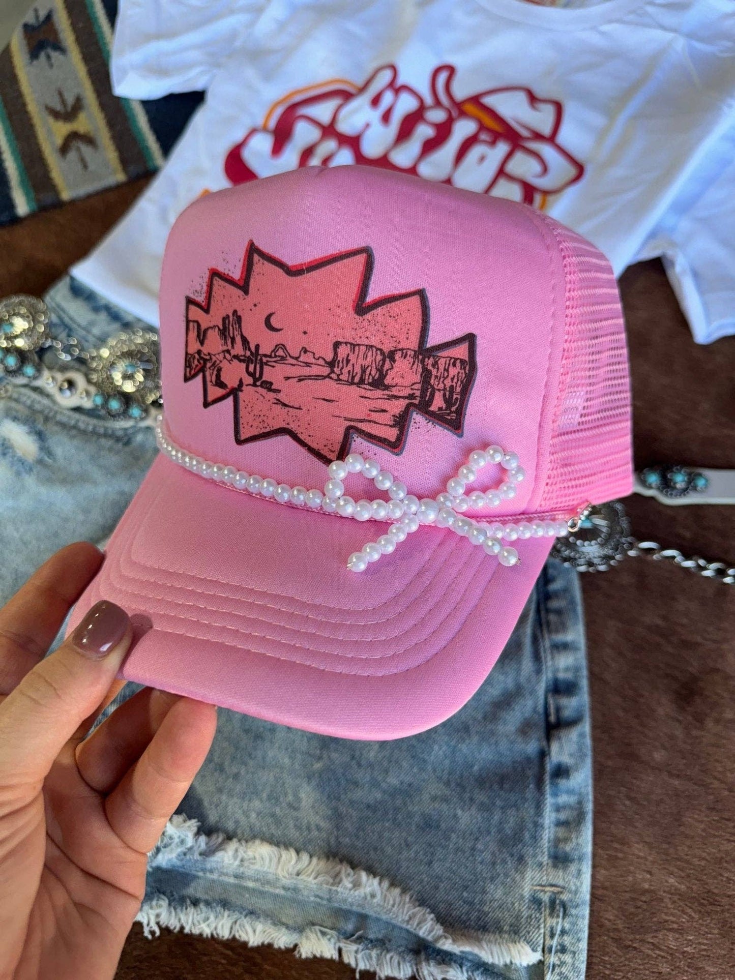 PRE-SALE White Pearl Bow Trucker Hat Chain