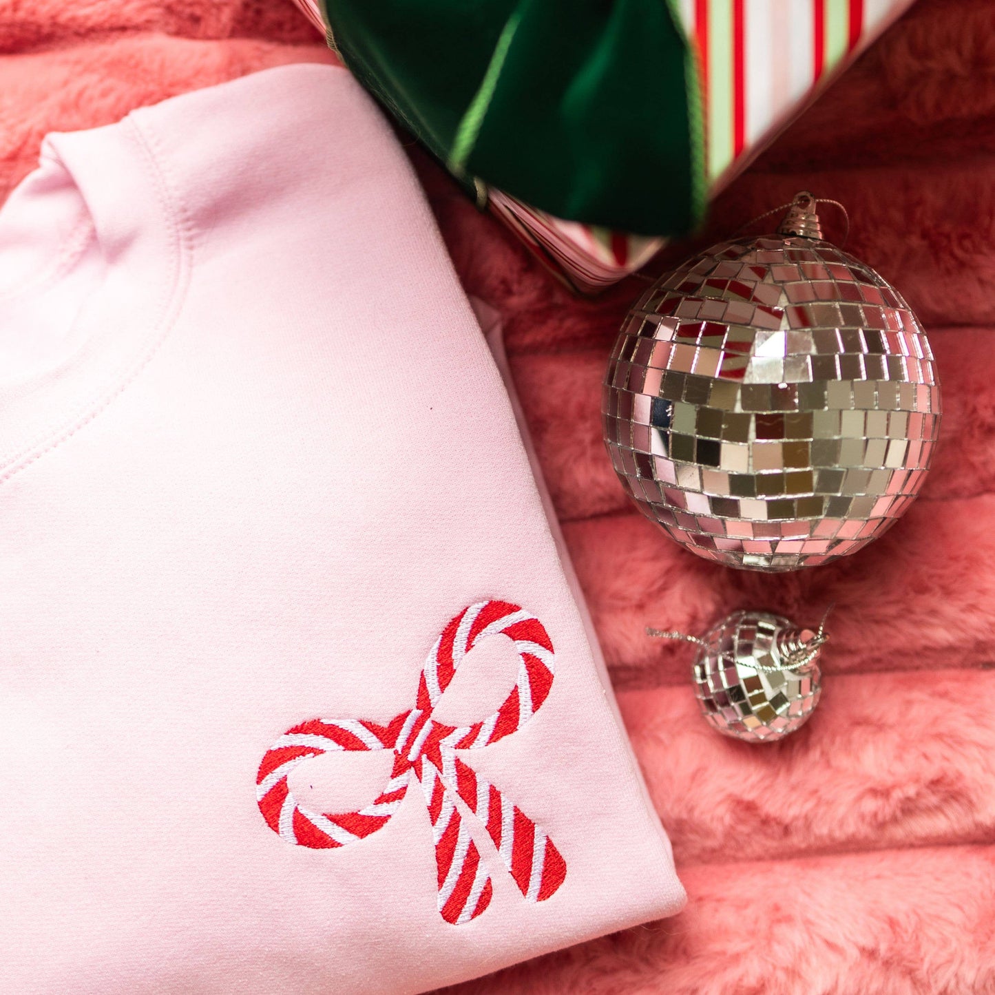 PRE-SALE Candy Cane Bow Crewneck | Light Pink