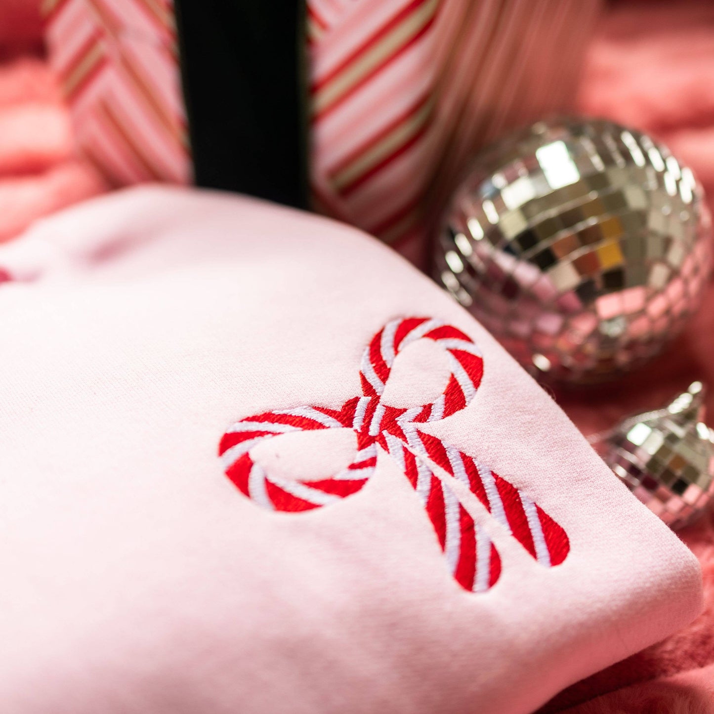 PRE-SALE Candy Cane Bow Crewneck | Light Pink