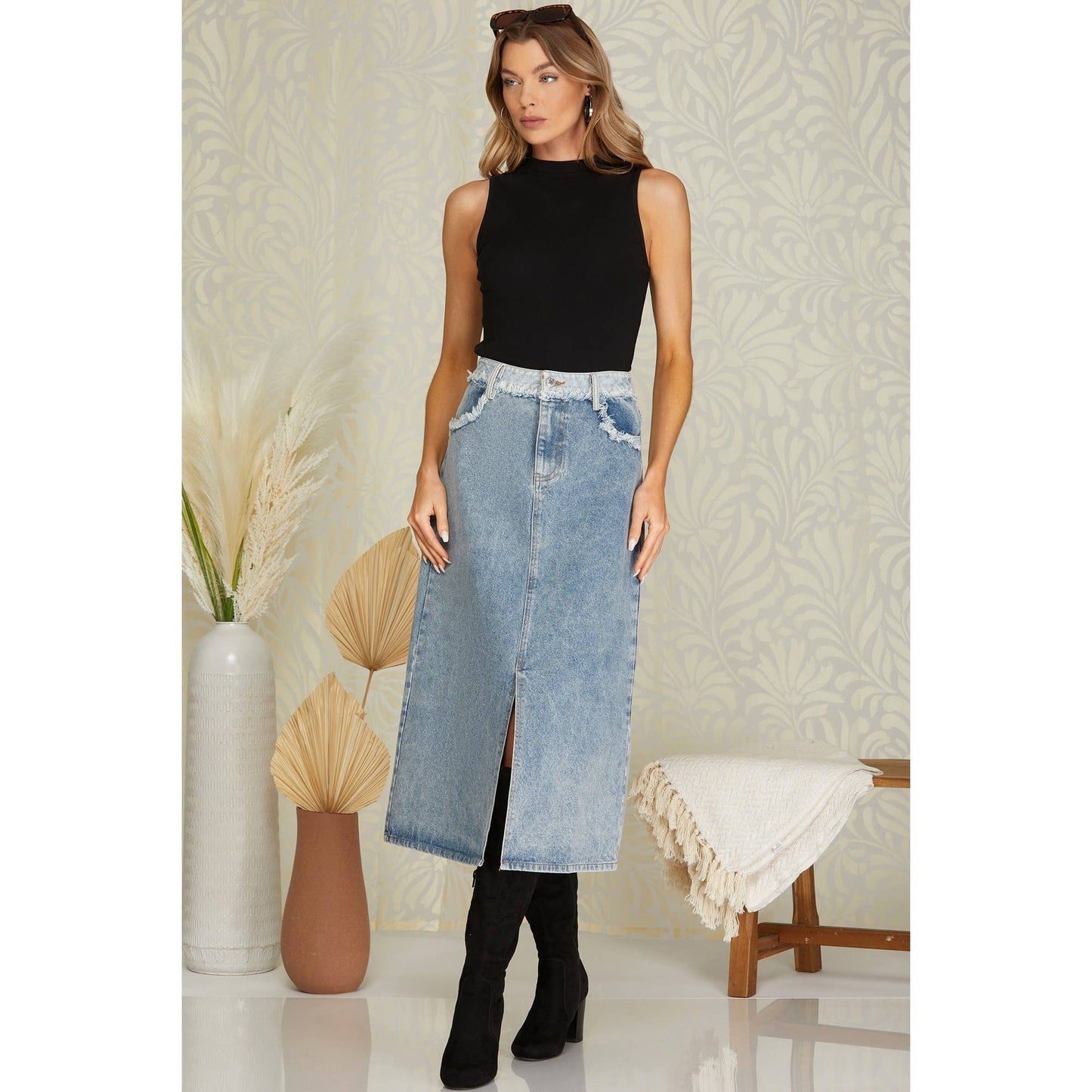 Denim Rough Edge Detail Midi Skirt