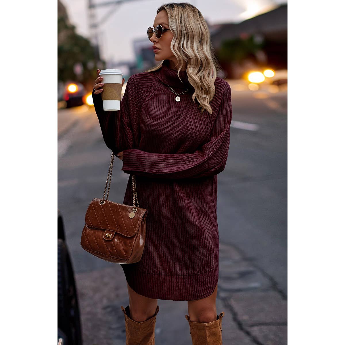 Wine Loose Fit Sweater Dress