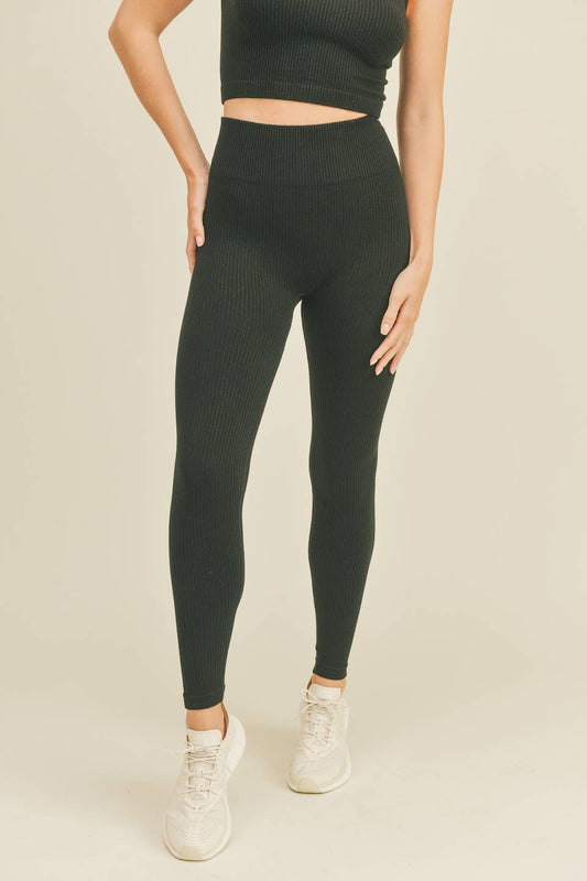 Black High Rise Seamless Ribbed Leggings