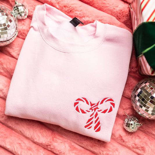 PRE-SALE Candy Cane Bow Crewneck | Light Pink