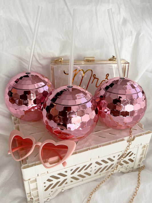 Disco Ball Cup with Clear Straw | PINK