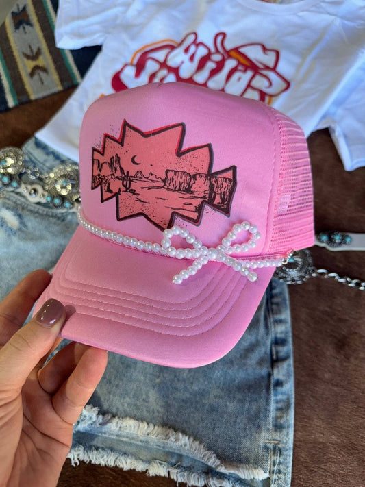 PRE-SALE White Pearl Bow Trucker Hat Chain