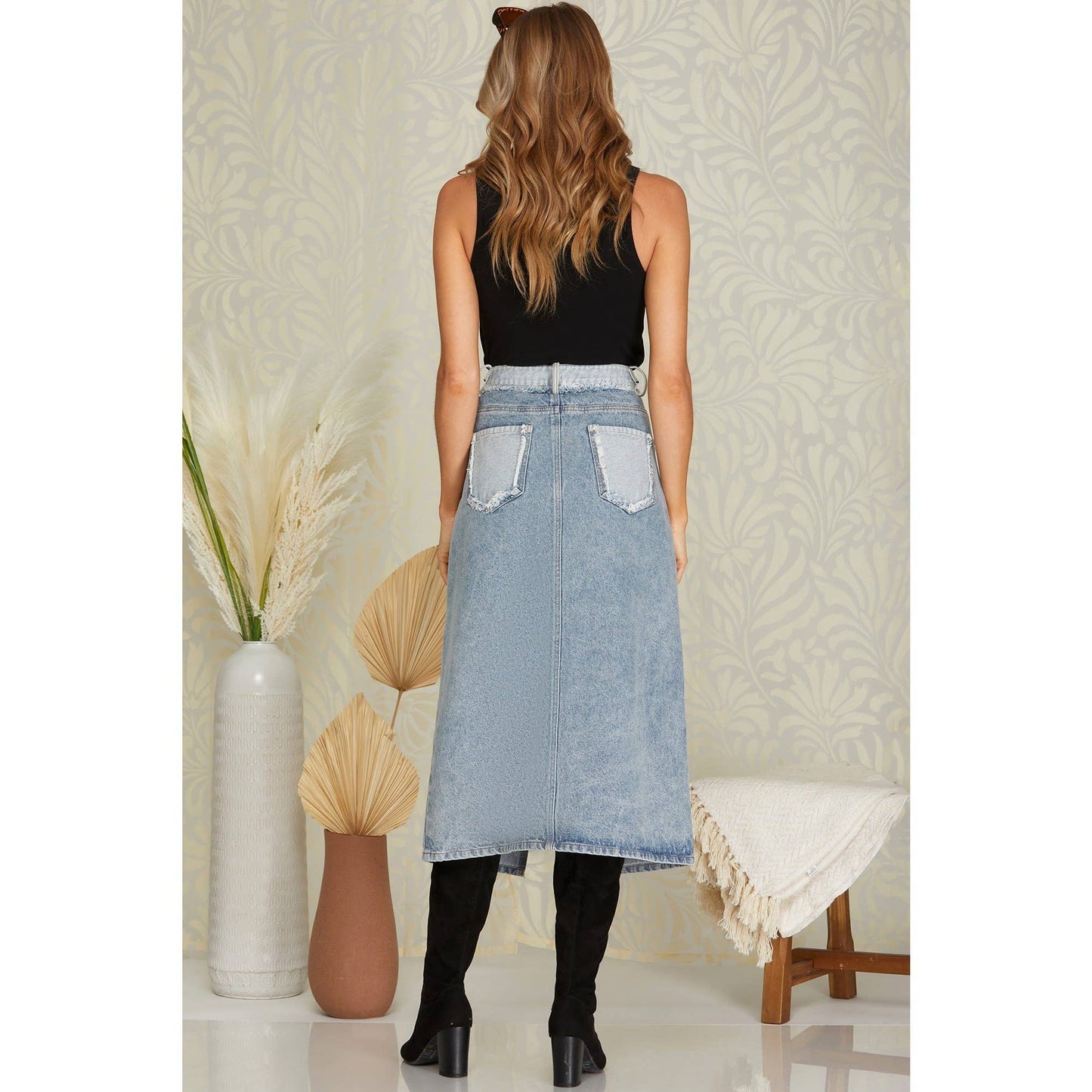 Denim Rough Edge Detail Midi Skirt