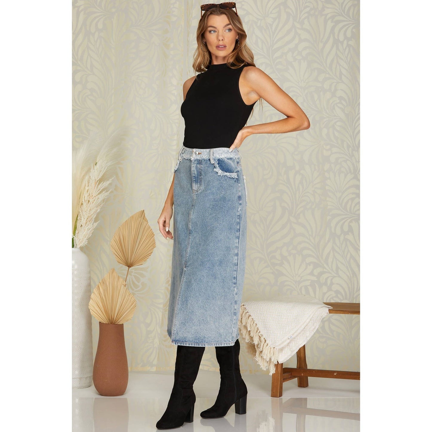 Denim Rough Edge Detail Midi Skirt