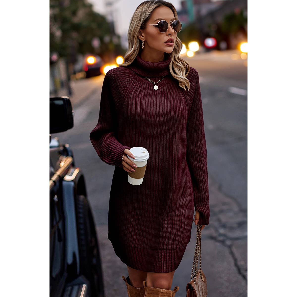 Wine Loose Fit Sweater Dress