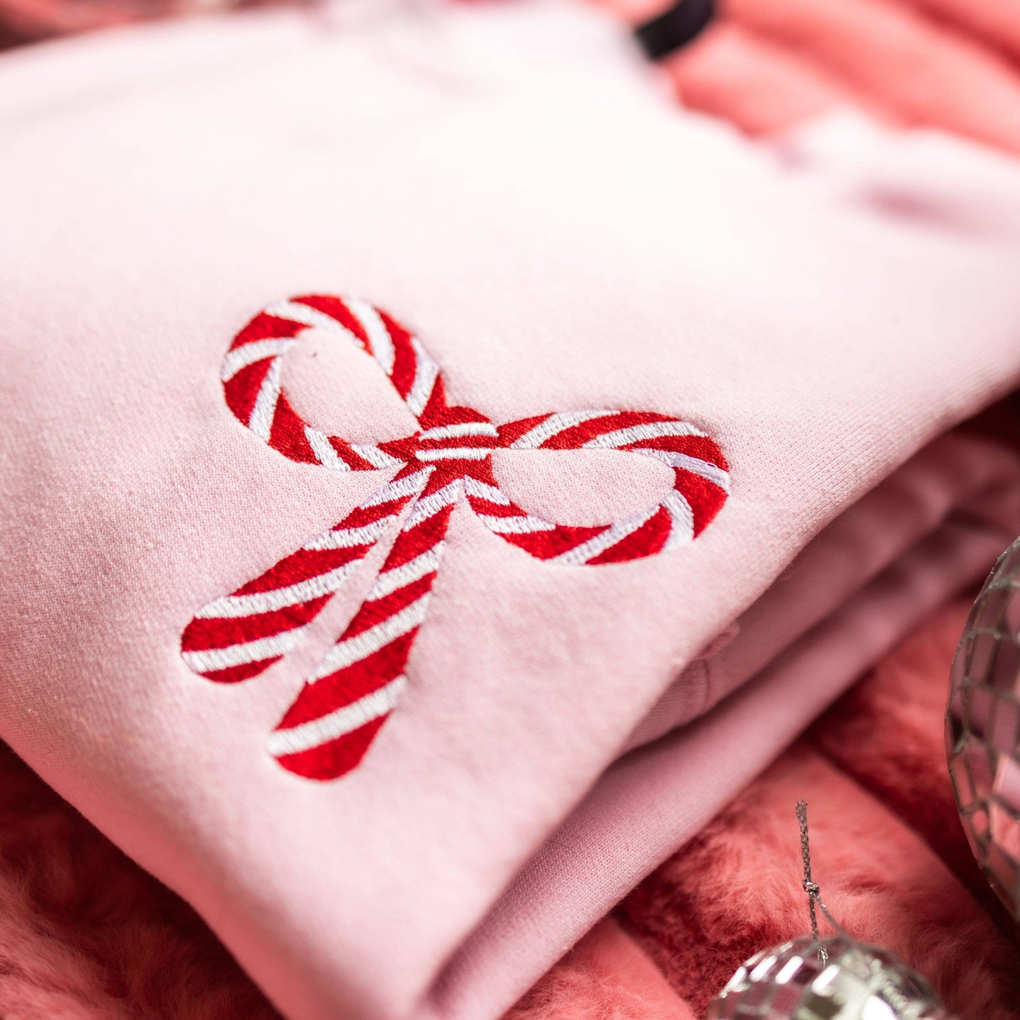 PRE-SALE Candy Cane Bow Crewneck | Light Pink