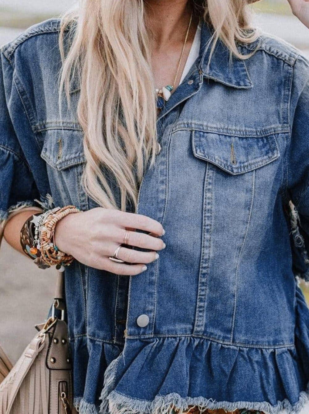 Raw Edge Ruffled Denim Jacket