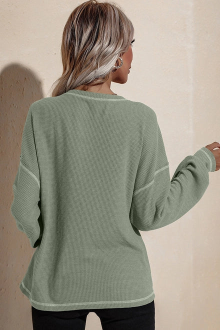 Round Neck Waffle Sleeve Knit Top