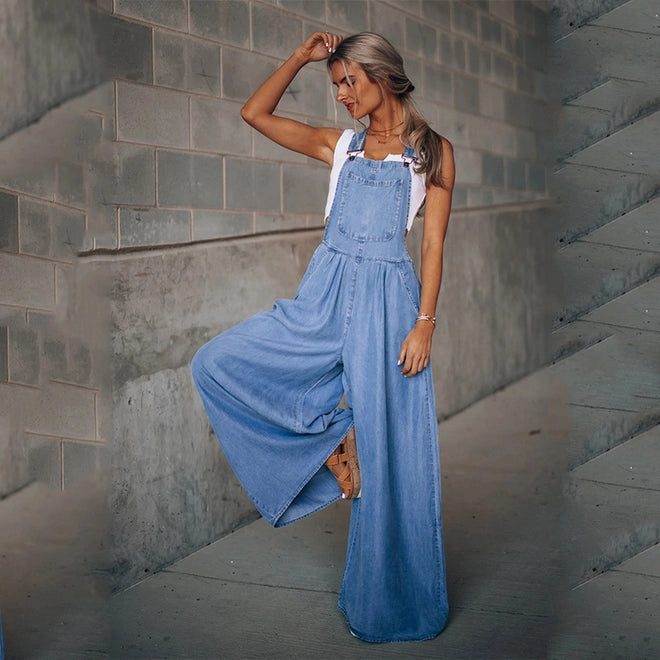 Denim Wide Leg Overall Jumpsuit