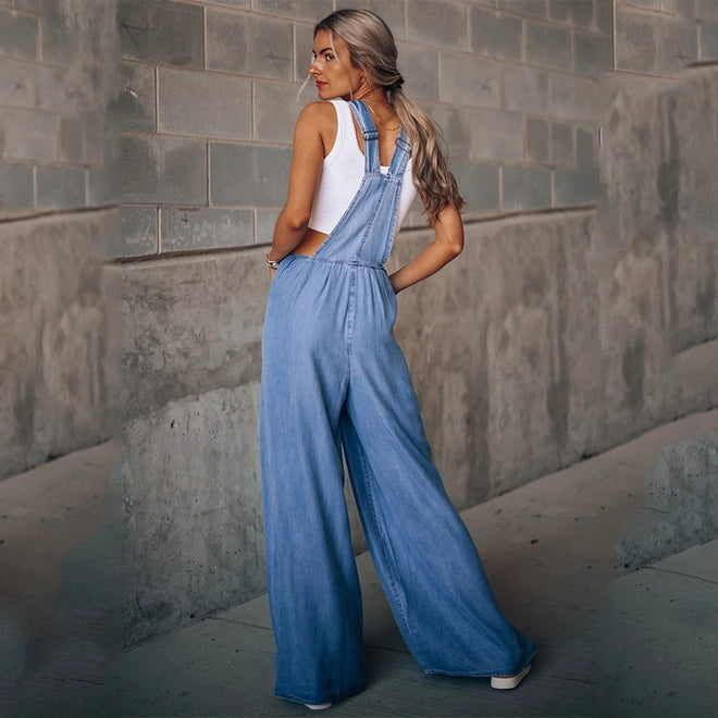 Denim Wide Leg Overall Jumpsuit