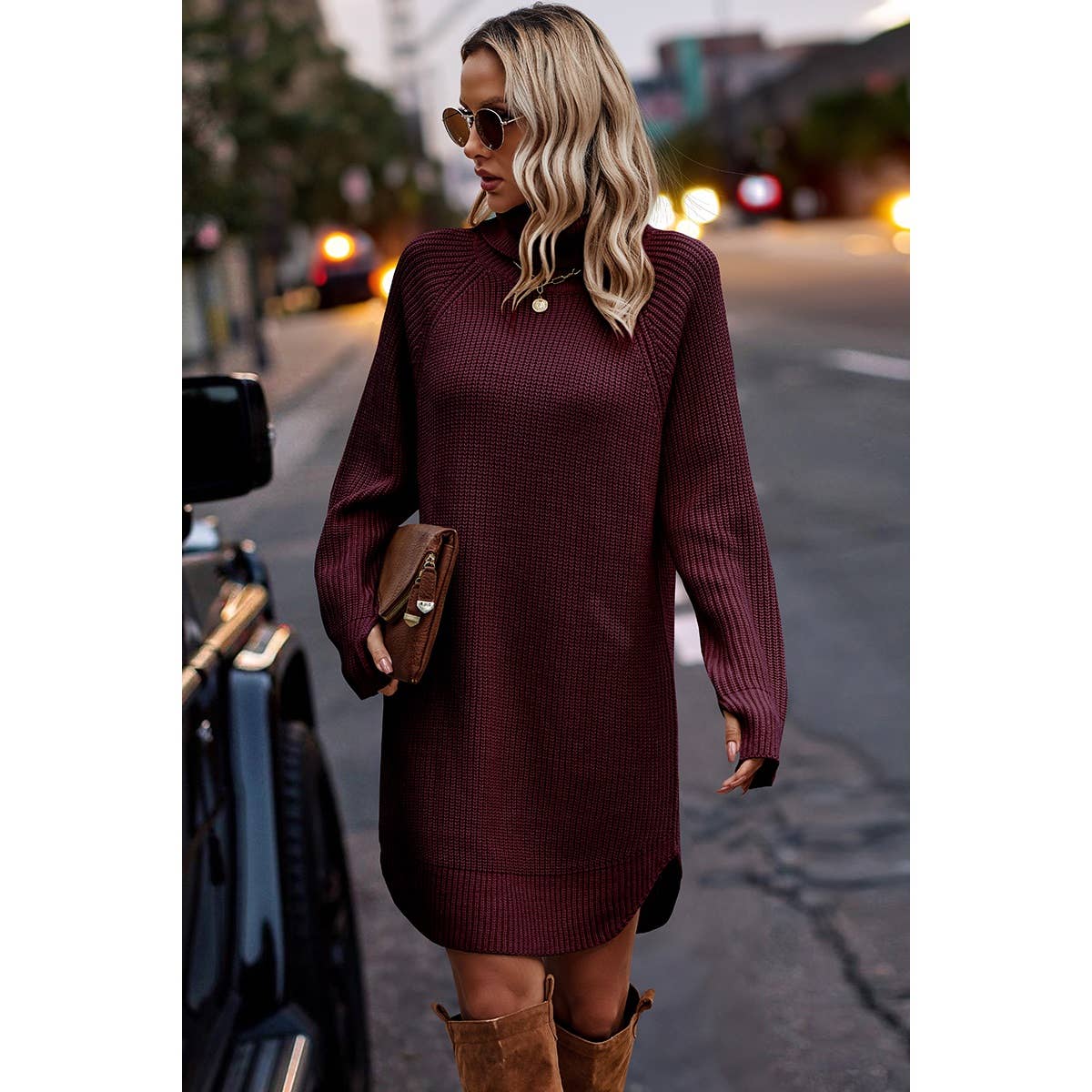 Wine Loose Fit Sweater Dress