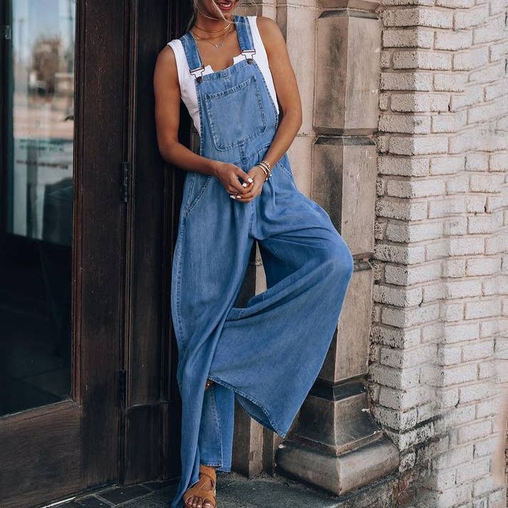 Denim Wide Leg Overall Jumpsuit