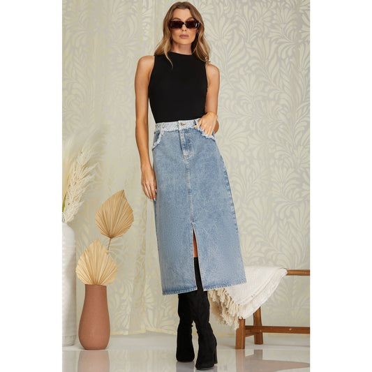 Denim Rough Edge Detail Midi Skirt