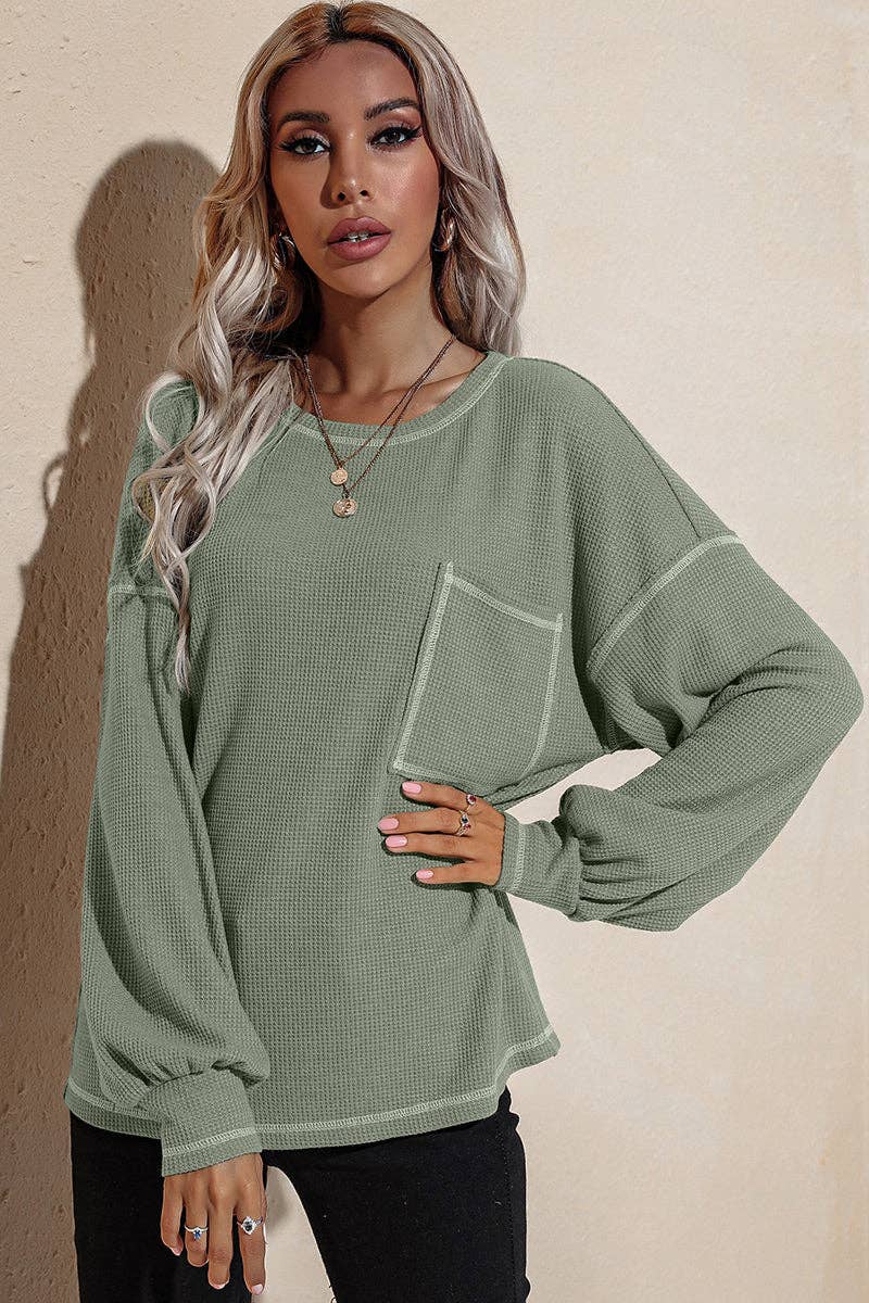 Round Neck Waffle Sleeve Knit Top